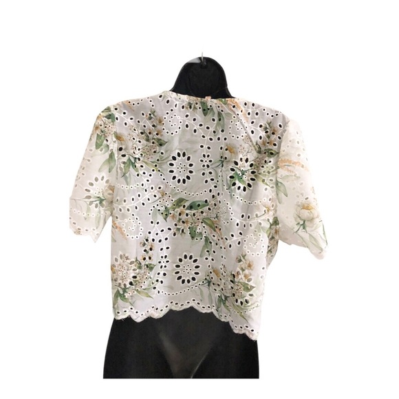 White crochet eyelet style green floral button down blouse top size Large new - Picture 11 of 15